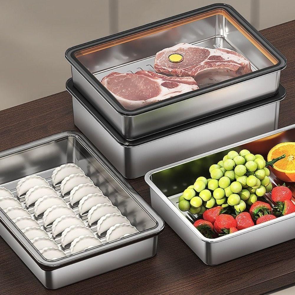 Stainless Steel Food Storage Container Large Capacity Rectangle Dish Noodles Fruit Tray Sealed Space Saving Freezer Food Plates
