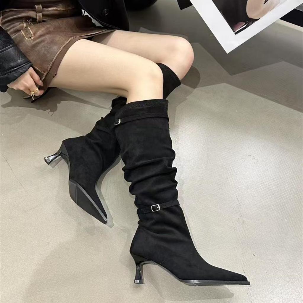 Pointed High Heel Khaki Pile Boots Women's Boots 2025 Autumn/Winter Skirt Skinny Knight Medium Boots
