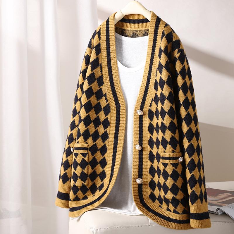 

Осень-зима, свитер с v-образным вырезом и длинными рукавами, женские повседневные черные кардиганы большого размера с узором «гусиные лапки», женские винтажные вязаные свитера One Size