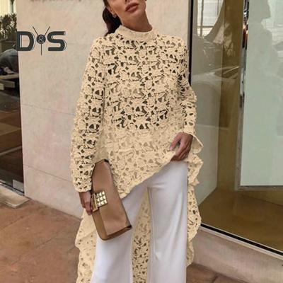 Women Long Top Cutout Irregular Crochet Lace Floral Patchwork See-through Short Front And Long Back Blouse Half-High Collar Long Sleeve Dress