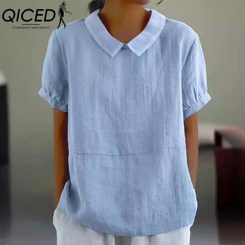 QICED Dámská móda Ležérní jednobarevný potisk Halenky a košile POLO s krátkým rukávem a výstřihem