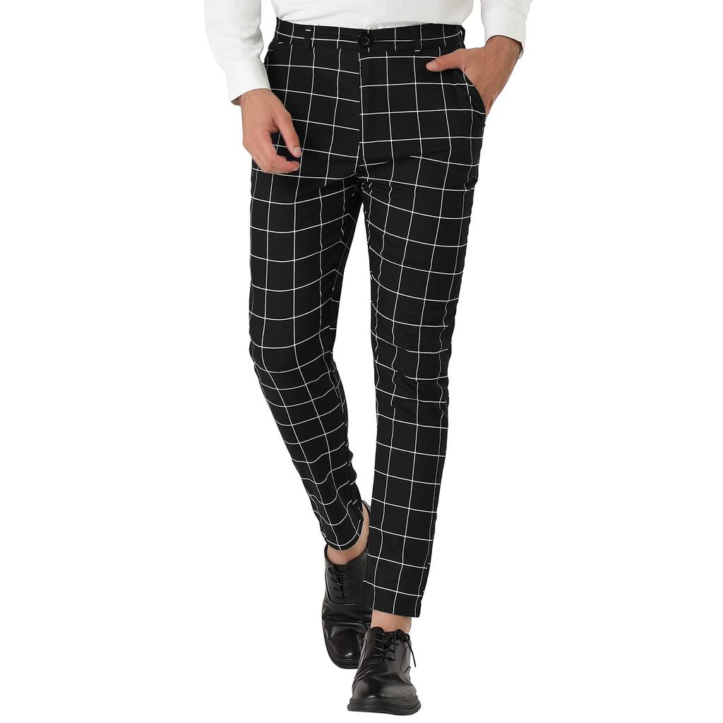 Men's Dress Plaid Slim Fit Flat Front Business Pants With Pockets