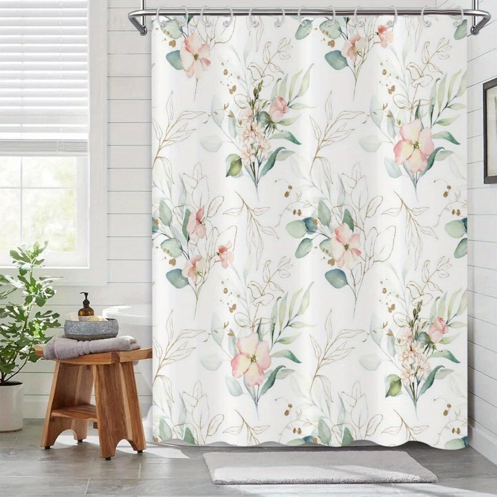 Elegant Watercolor Floral Shower Curtain for a Serene and Inviting Bathroom, Featuring Delicate Pink Flowers with Soft Green