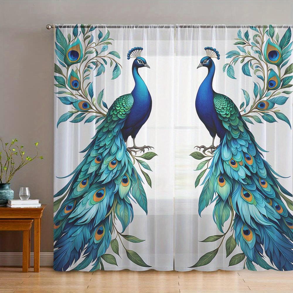 2Pcs Polyester Blue Peacock Floating Printing Window Curtains Birthday Party Decoration Backdrop Drapes for Living Room