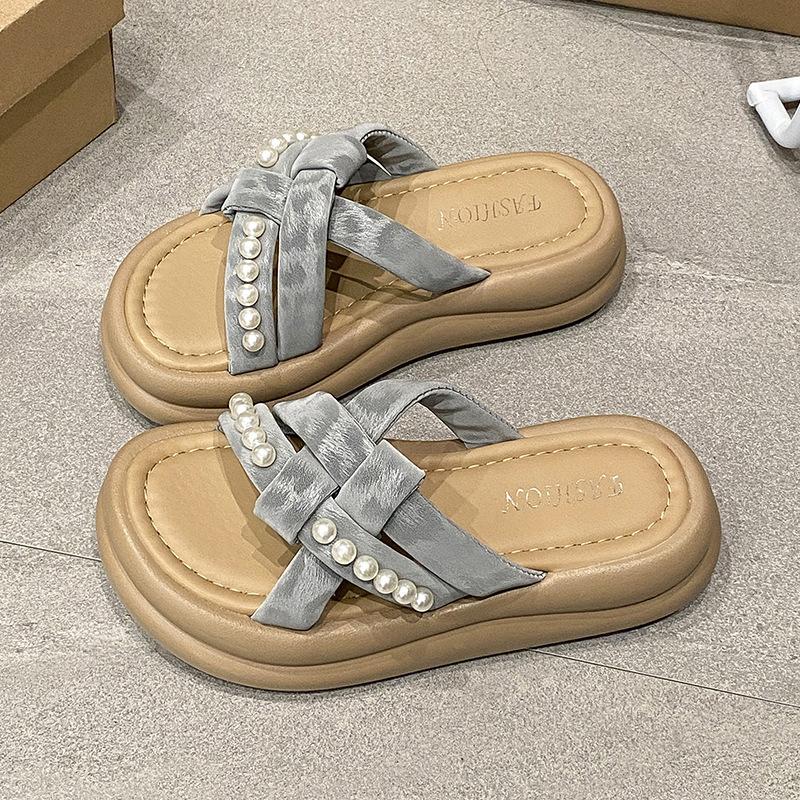 Pearl National Style Fairy Wind Cool Slippers Female 2025 Summer New with Skirt Sandals Thick-bottomed Beach One-word Slippers