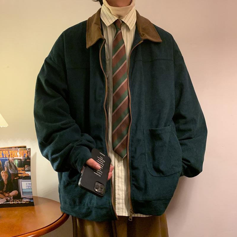 Американская Ретро Мужская Куртка-Бомбер Ветровка Куртка на Молнии Свободная Куртка Карго M темно-зеленого