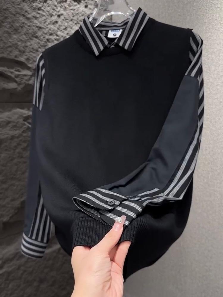 Men s European Style Striped Slim-Fit Two-Piece Look Sweater 2XL (Recommended: 140-155 Jin)