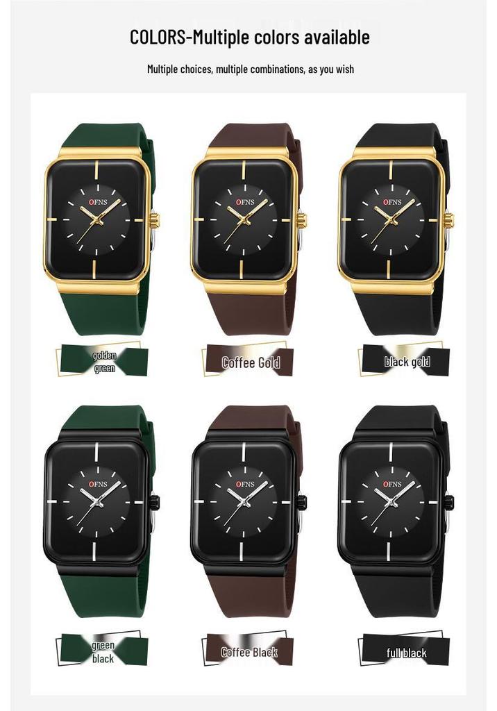 OFNS Unisex Fashion Square Quartz Watch with Luminous Waterproof Silicone Strap