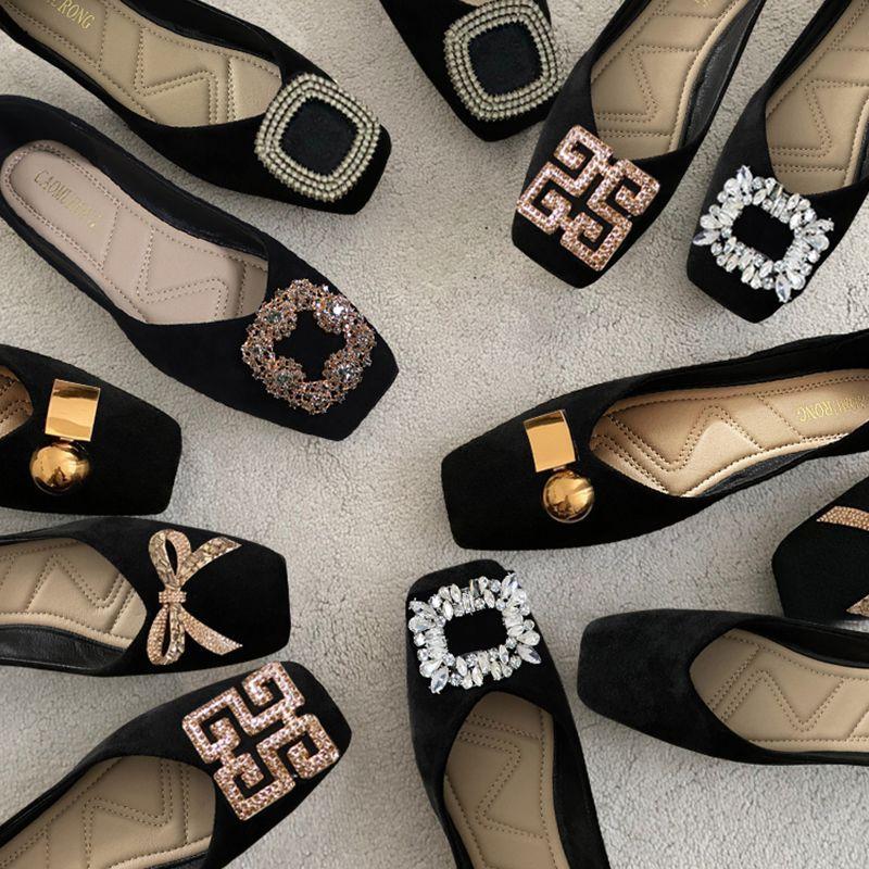 Fashion Flat Shoes Women 2025 New Spring Autumn Square Toe French  Black Shallow Mouth Square Buckle Ladies Shoes Big Size 41 42 43