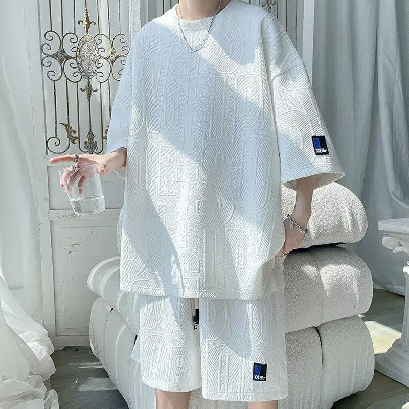 Men s Waffle Summer Suit  Casual T-shirt + Shorts Suit Men s Tracksuit Solid Color Tracksuit Loose Suit M