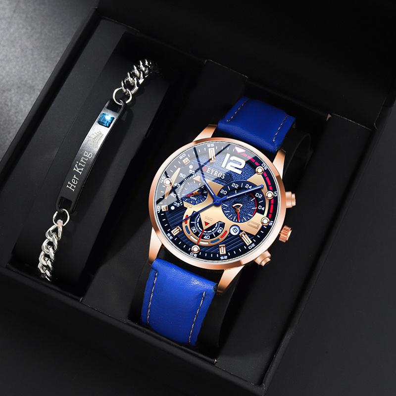 

2PCS Set DEYROS Fashion Men s Watch Luxury Leather Strap Calendar Men s Watch Casual Men s Quartz Watch&Bracelet The Best Gift For Men