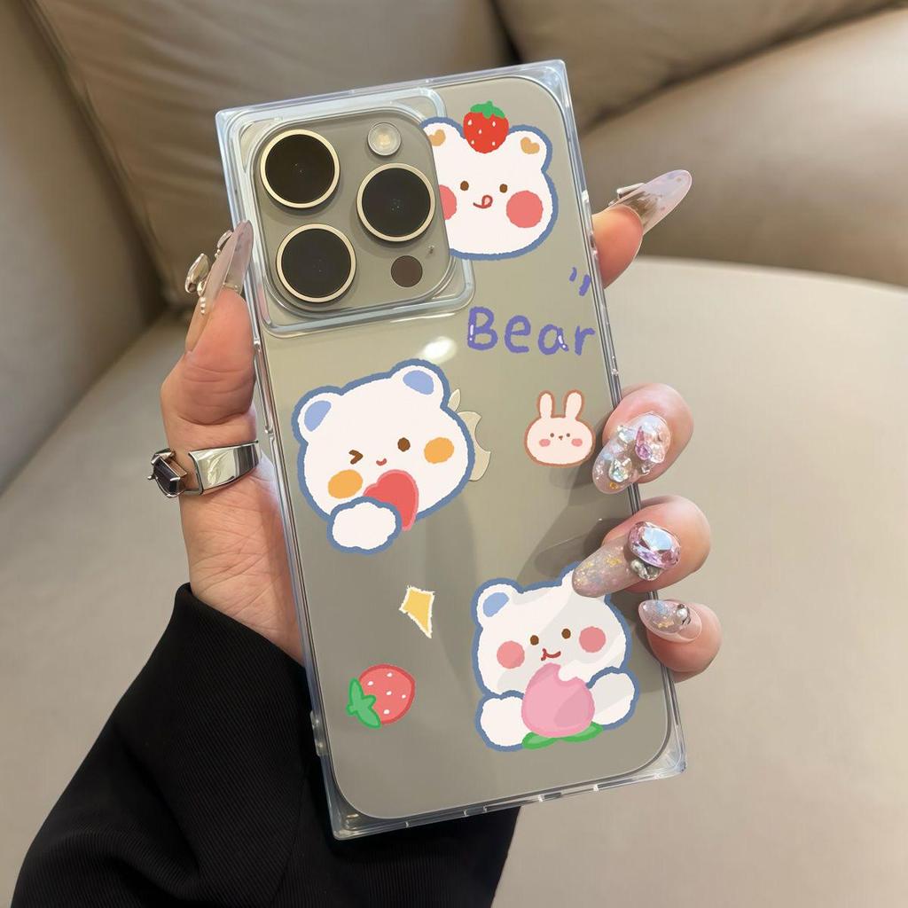 Square Back Tube Protection Clear Case For iPhone 11 14 Pro Max 13 12 16 ProMax 15 Plus Anti-Oxygen,Strawberry Bear Pattern Casing