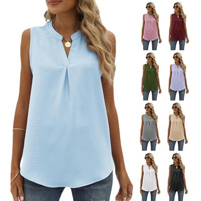 Women's Spring/Summer Fashion Solid Color Chiffon Shirt Loose V-neck Pullover Casual Vacation Sleeveless Top Tank Top
