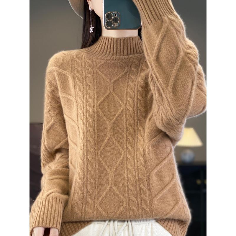Thickened Half-high Neck Twisted Flower Cardigan for Women In Autumn and Winter New Skin-friendly and Warm Versatile Cashmere Knitted Base Shirt