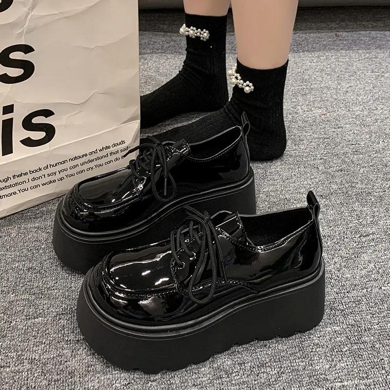 Fashion JK Uniform Shoes Women New Black Small Leather Shoes Platform Loafers Girls' Japanese Style College Style Lace Up Oxford Shoes