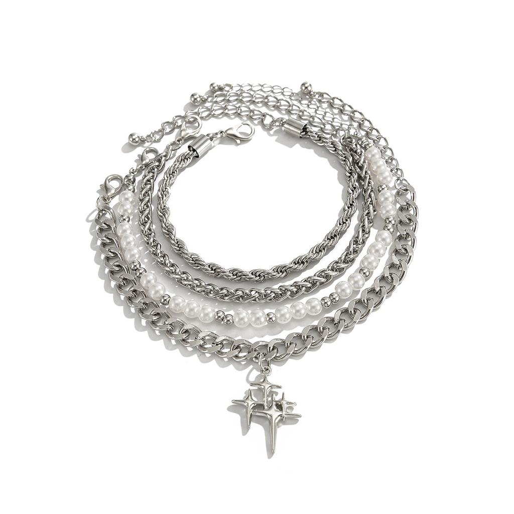 Hip-Hop Personality Four-Pointed Star Bracelet for Men Trendy Fashion Niche Pearl Braided Chain Bracelet Men's Jewelry