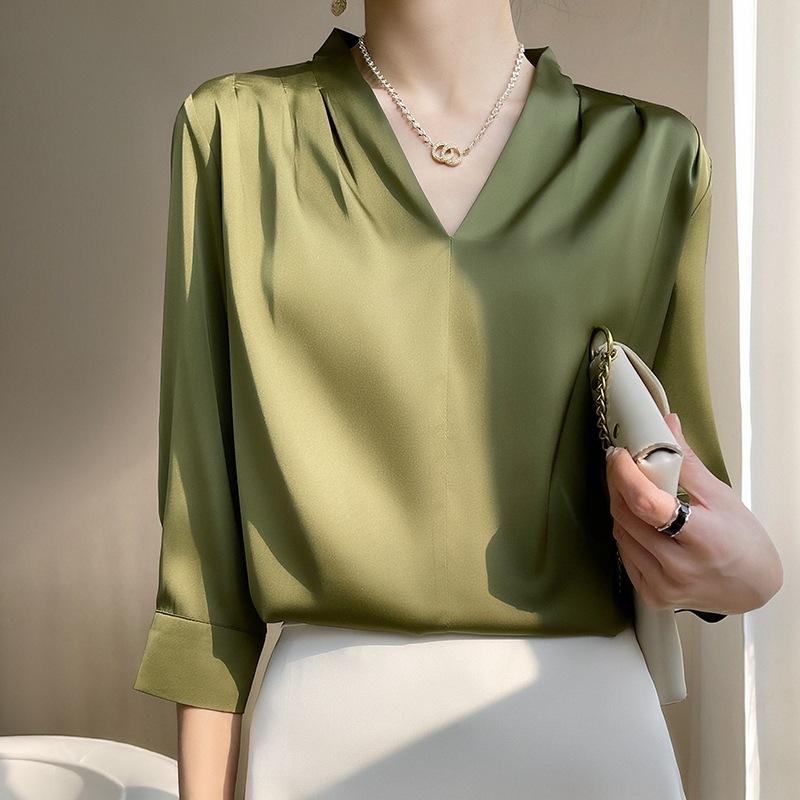 Silk Shirt for Women Spring and Summer Shirt V-neck Simple Nine Points Sleeve Temperament Versatile French Top