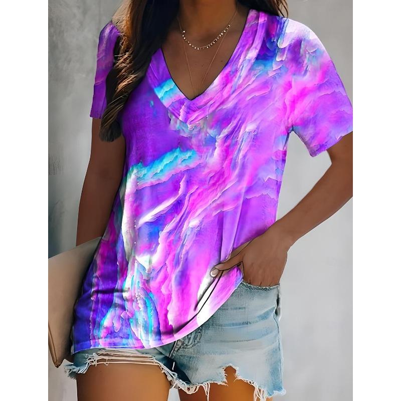 Women's Summer Tops Tie Dye Casual Sleeveless Short Sleeve V Neck Regular Tops Daily Print Spring Colorful T-shirts
