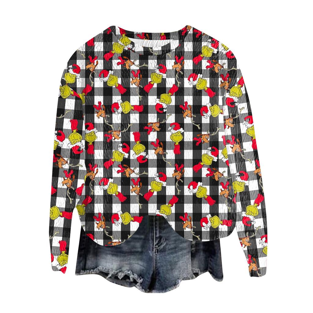 Women's Fashion Round Neck Pullover Top Long Sleeve Tee Christmas Printed Sweatshirt