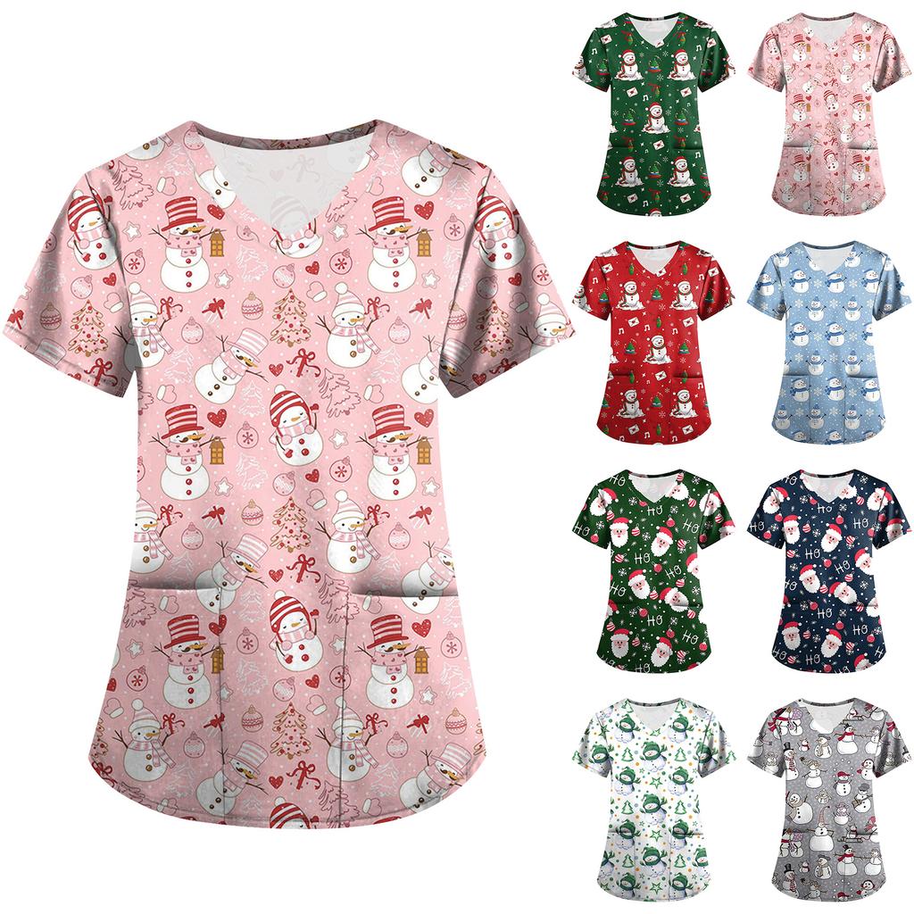 Plus SizePrinted Scrub Working Uniform Tops For Women's Cross V-Neck Print Short Sleeve Fun T-Shirts Workwear Tee With Pockets