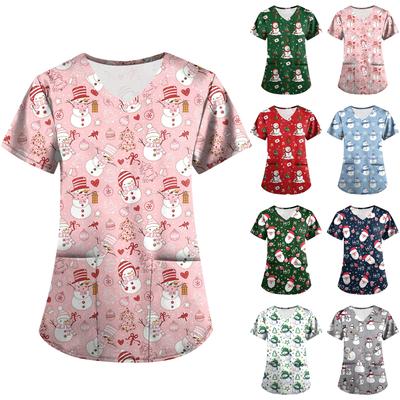 Plus SizeWzorzysty Strój Roboczy Bluzki Dla Kobiet Krój V-Neck z Nadrukiem Krótki Rękaw Zabawne T-Shirty Odzież Robocza Tee z Kieszeniami