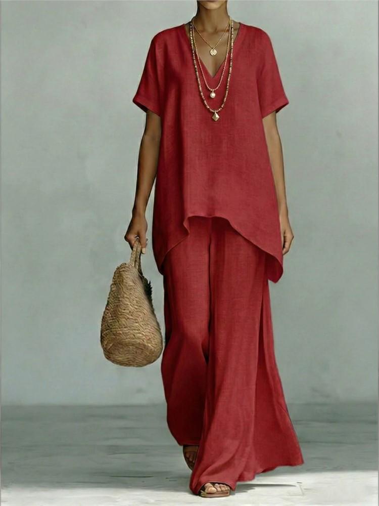 Fashion Loose Cotton Linen Short-sleeved Trousers 2 Piece Set Women Summer Casual V-neck Retro Female Wide-leg Trousers Suit