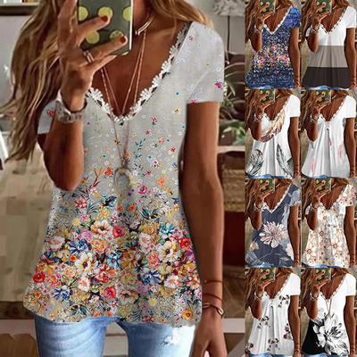 Summer Womens Floral Tops Blouse Ladies Short Sleeve T-Shirt