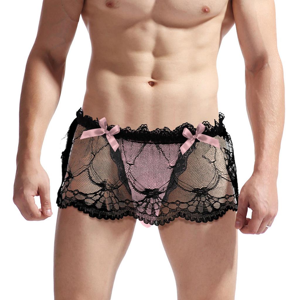 Men's Sissy Lace Skirted T-Back Frilly Bowknot Decor Crossdresser Underwear Lingerie