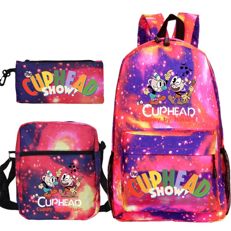 Cartoon Teacup Head Cuphead Student Backpack Oblique Span Bag Pencil Bag Primary And Secondary School Students Children'S Schoolbag Three-Piece Set