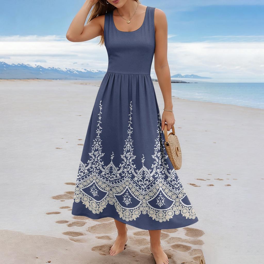 Damen-Sommerkleid mit Blumenmuster, lässig und modisch, ärmellos, lang