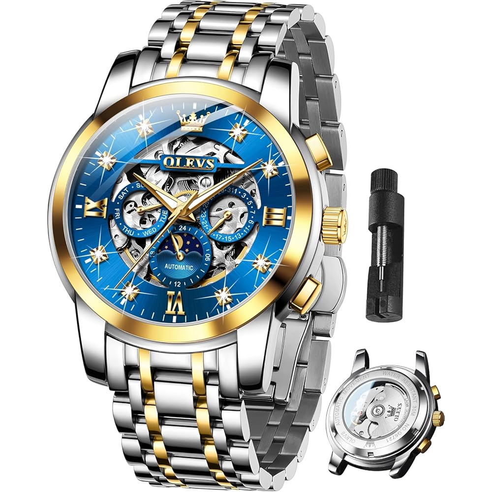 OLEVS Men s Luxury Skeleton Automatic Watch with Diamond, Waterproof, Luminous, Two-Tone Band & Blue Dial