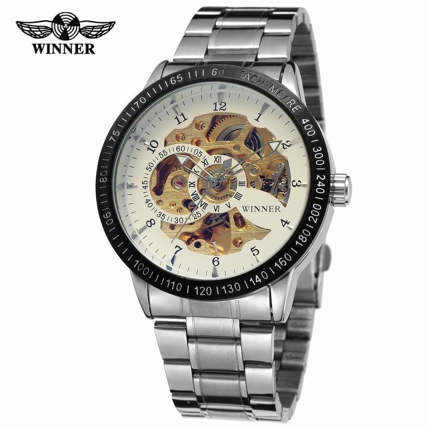 Herren Stahlarmband Modeuhr Winner Mechanische Uhr, Blaues Glas Skelett Automatische Mechanische Uhr