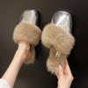 Large Size Casual Flat-bottomed Fluffy Slippers Autumn and Winter New Baotou Bright Leather Warm Fluffy Mop