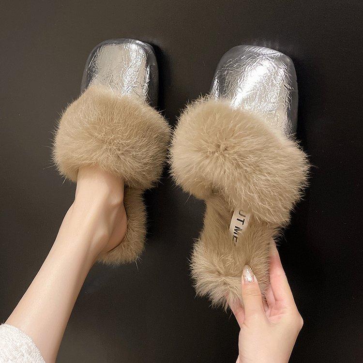 Large Size Casual Flat-bottomed Fluffy Slippers Autumn and Winter New Baotou Bright Leather Warm Fluffy Mop