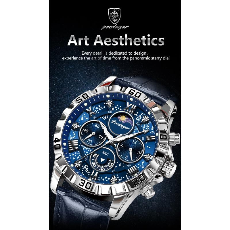 POEDAGAR Original Military Man Wristwatch Waterproof Luminous Chronograph Leather Strap Watches for Men Quartz Watch Reloj