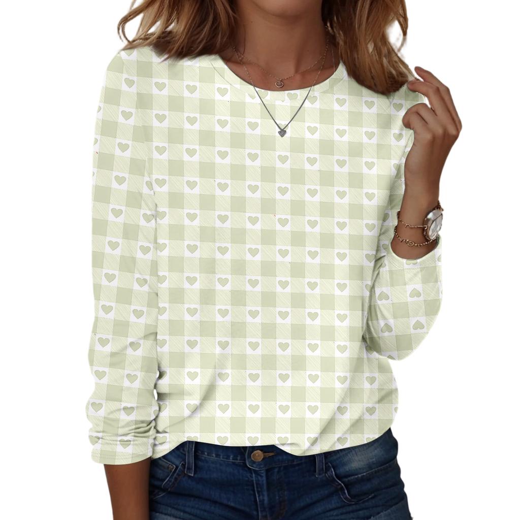 Damski casualowy top z długim rękawem, z nadrukiem walentynkowym, z okrągłym dekoltem