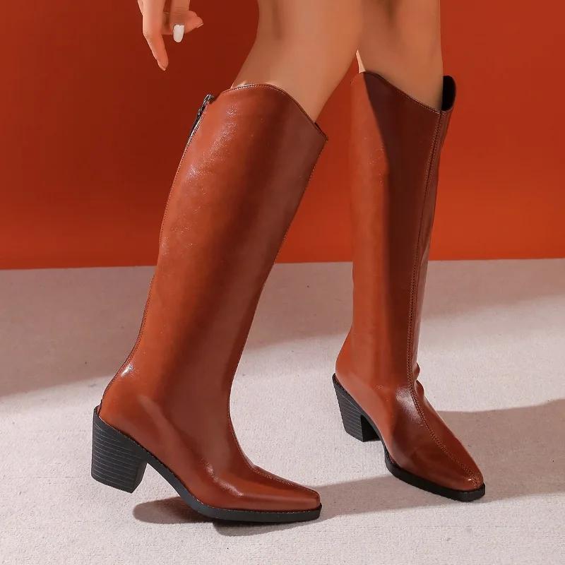 Fashion Women's Thick Heel Cotton Shoes Winter New Pointed Head Back Zipper Soft Sole Anti-slip Wear-resistant High Boots