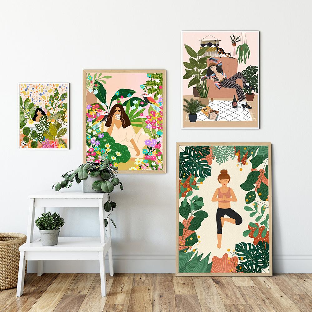 In Meditation Kunstdruck Yoga Dame Pflanze Darstellung Atmen Leinwand Abstrakte Blume Mädchen Wand Bild Für Wohnzimmer Wohnkultur