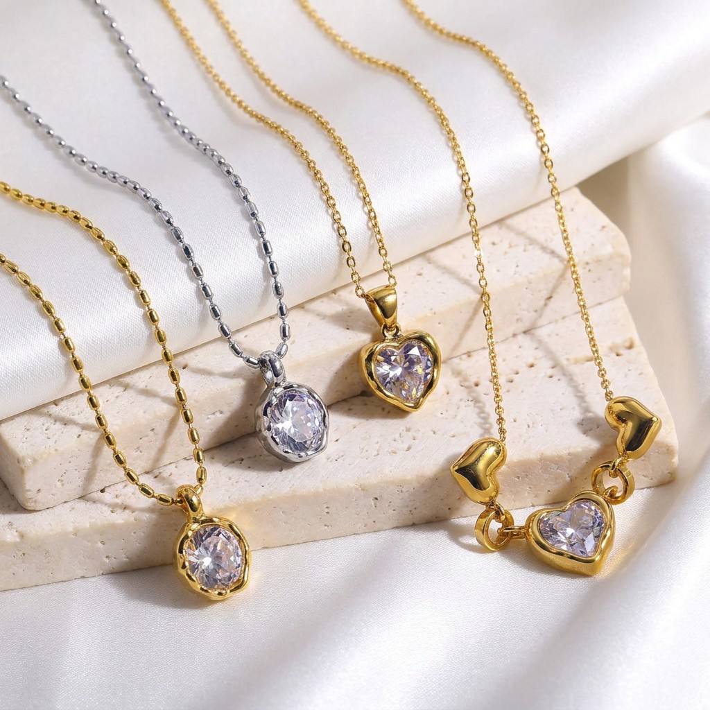 JUSNOVA 18K PVD Gold Plated Stainless Steel Melting Metal Heart Pendant Necklace Waterproof CZ Lava Bead Chain Jewelry for Women