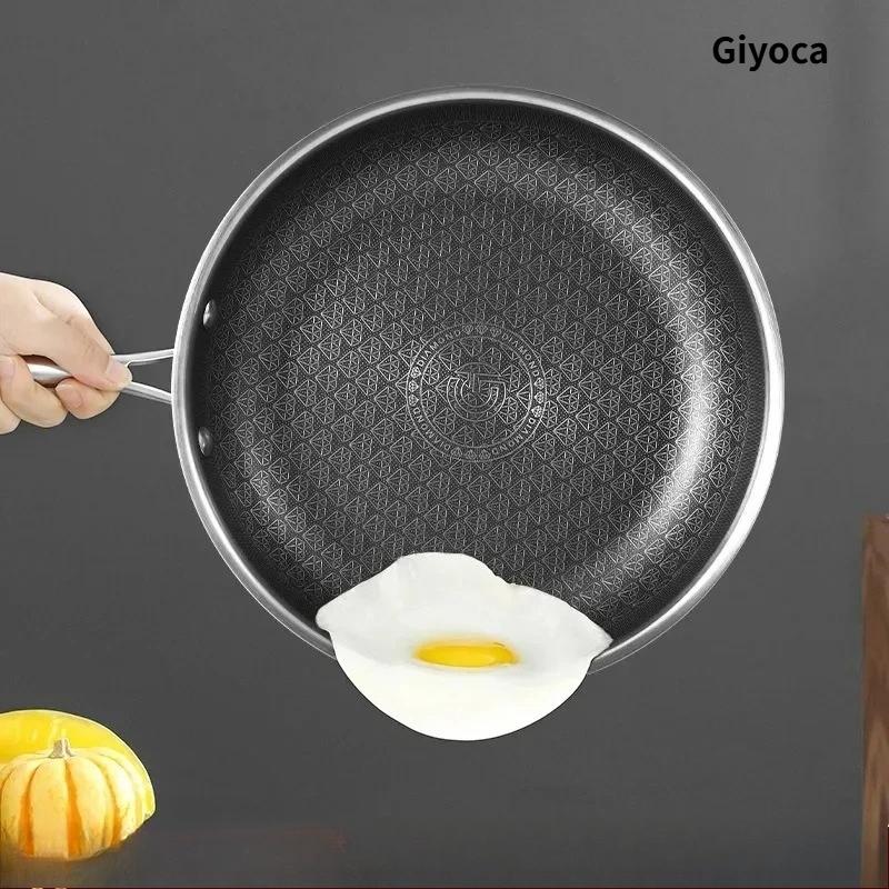 Giyoca Honeycomb Frying Pan Nonstick Wok Uncoated 316 Stainless Steel Household Kitchen Multi-function Pots Universal for Stoves