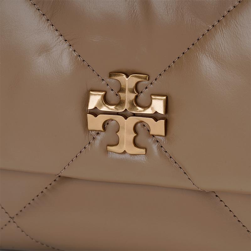 Tory Burch Kira Double T Metal Accents Diamond Quilted Napa Leather Handheld Crossbody Shoulder Bag Small Women handbags Gray Brown Oak 154706-250