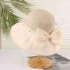 Women Chiffon Ruffle Bucket Straw Hat Big Fabric Bow Pearl Decor Foldable Outdoor Beach Travel Sun Shade Cap