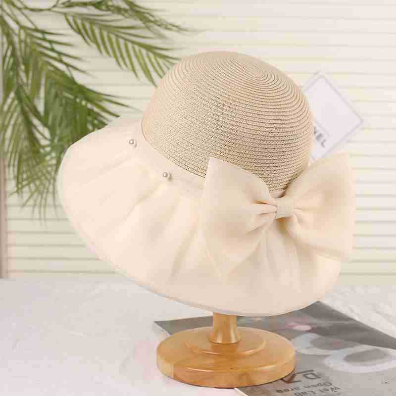 Women Chiffon Ruffle Bucket Straw Hat Big Fabric Bow Pearl Decor Foldable Outdoor Beach Travel Sun Shade Cap