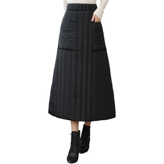 Women Down Skirt Elastic High Waist Large Swing Design Midi Skirt with Pockets Solid Color A-Line Windproof Skirt