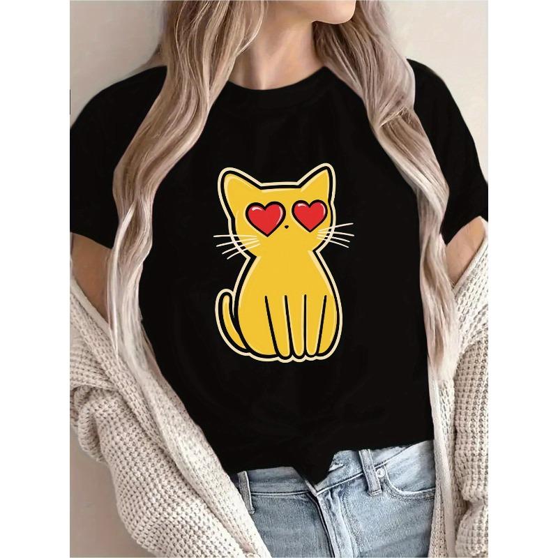 Cute Cat Pattern Printed T-Shirt, Perfect for Women'S Casual Wear, Vacations, Short Sleeves,  Suitable for Spring And Summer, Trendy Women'S Clothing