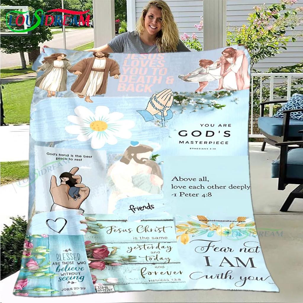 Fashion Bible Verses Jesus Pattern Blanket Flannel Thin Blanket Portable Home Travel Office Lunch Break Blanket Birthday Gift