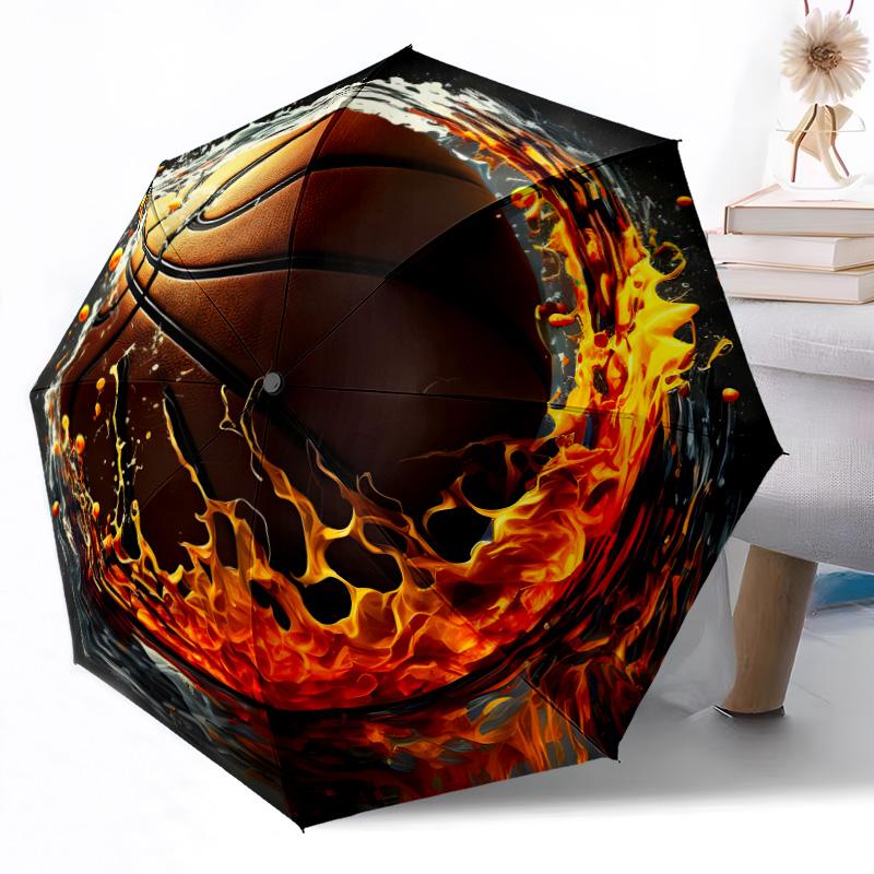 Opera d'arte Palla da Basket Fiammeggiante Ombrello Automatico da Esterno Design Retrattile con 8 Stecche Resistenza Leggero Regalo Perfetto per Amici Famiglia