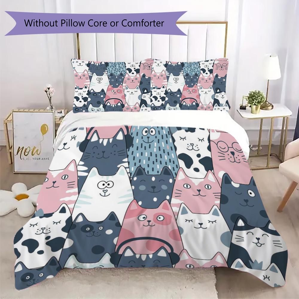 Cozy Cartoon Cats Pattern Bedding,Quilt Set Quilt Cover Pillowcase Home Birthday Gift (1*duvet Cover+2*pillowcase,without core)ZSJT0917371