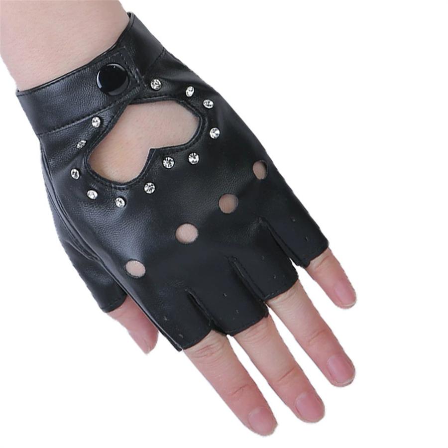 Women Heart Cutout Rhinestone Fingerless Gloves, Punk Faux Leather Half Finger Gloves for Dancing, Cosplay, Biking, Party, Performance