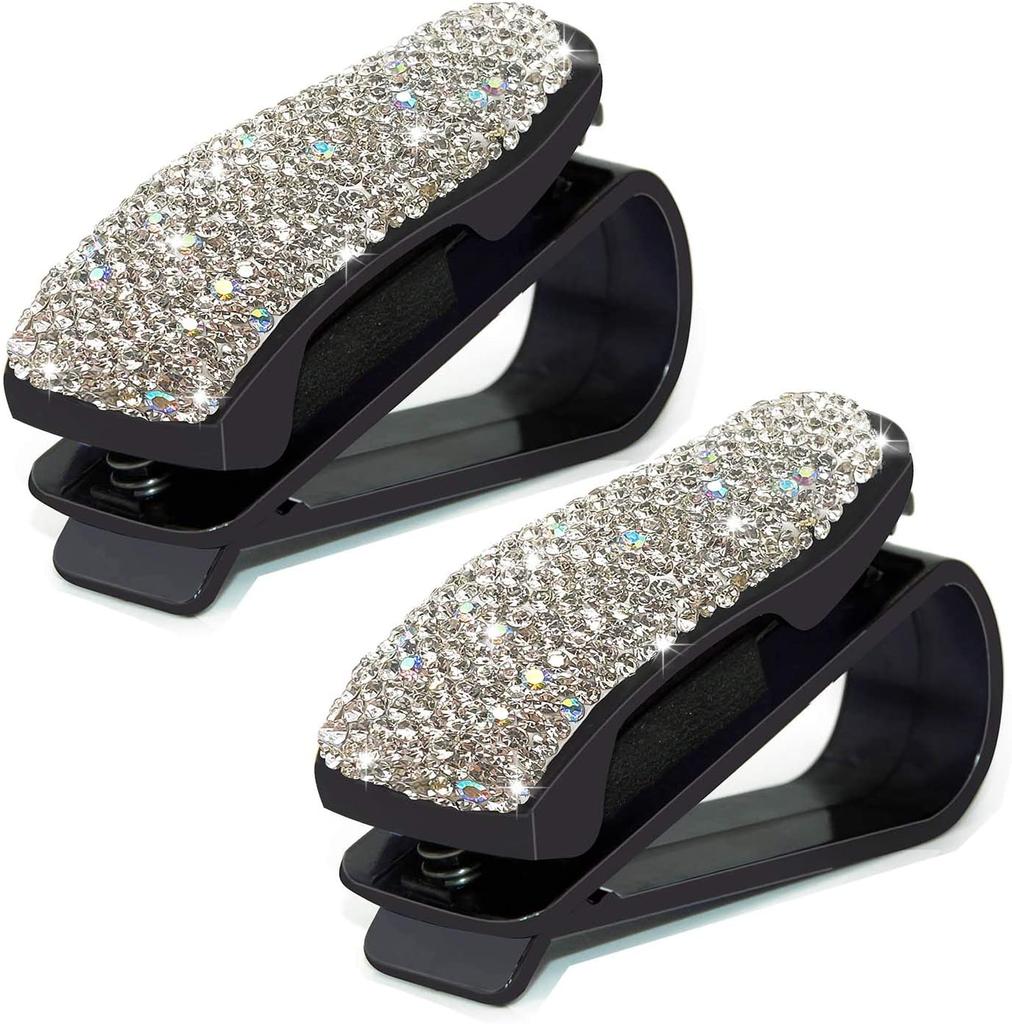 2PCS Bling Bling Rhinestone Diamond Sun Visor Glasses Fastener Clip Sunglasses Eyeglasses Holder Portable Clip Auto Car Ornament